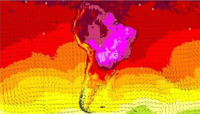 O pico do calor em intensidade deve se dar entre o final desta semana e o começo da semana que vem - Foto: Reprodução | MetSul Meterorologia