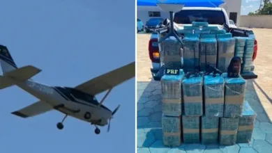 Avião com drogas que invadiu pista da fazenda do cantor Leonardo — Foto: Reprodução/TV Anhanguera