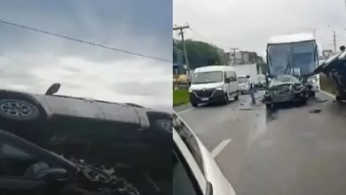 Engavetamento entre carro, ônibus e caminhonete deixa um ferido na BR-324- Foto: Reprodução/TV Bahia